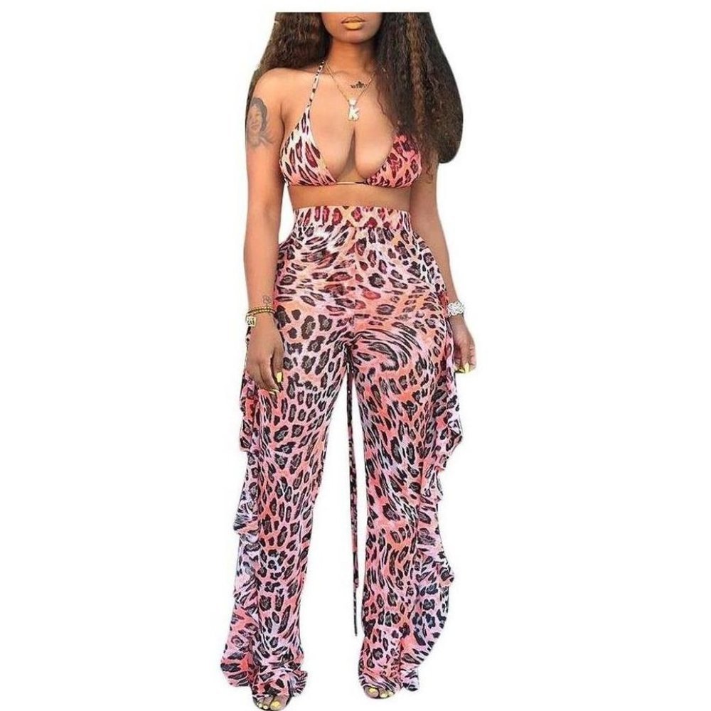 Jumpsuits Crop Top and Hollow Out Ruffle Long Pants - Leopard - Picture 1 of 5
